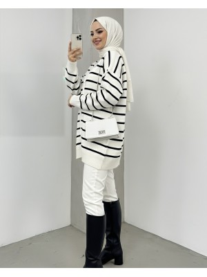 Çizgili Düğmeli V Yaka Triko Hırka    -Ekru