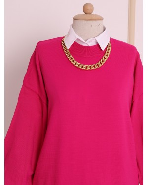 Düz Bisiklet Yaka Balon Kol Triko Tunik -Fuşya