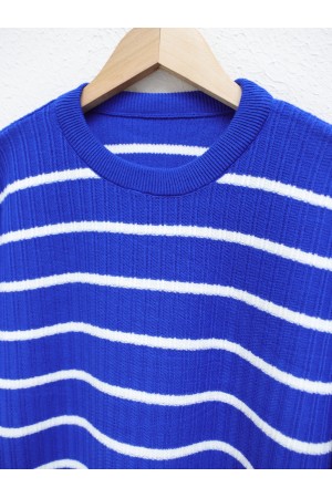 طاقم الرقبة مضلع سترة تريكو -أزرق شامي