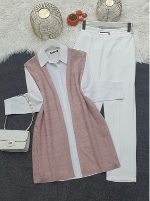 Ajurlu Desenli Sıfır Kol Triko Hırka -Pudra