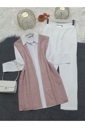 Ajurlu Desenli Sıfır Kol Triko Hırka -Pudra