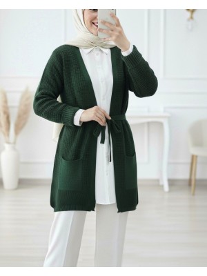 Bağcıklı Prinç Örgü Triko Hırka  -Zümrüt