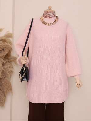 Balon Kol Yumoş Örme Triko Tunik -Pudra