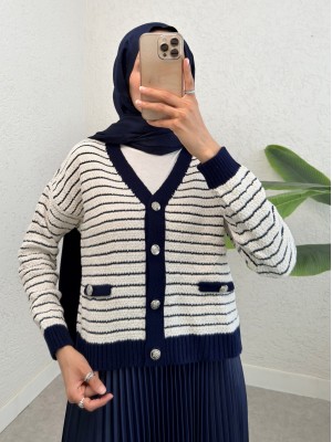 Düğmeli Cep Detaylı İnce Çizgili Triko Hırka -Laci