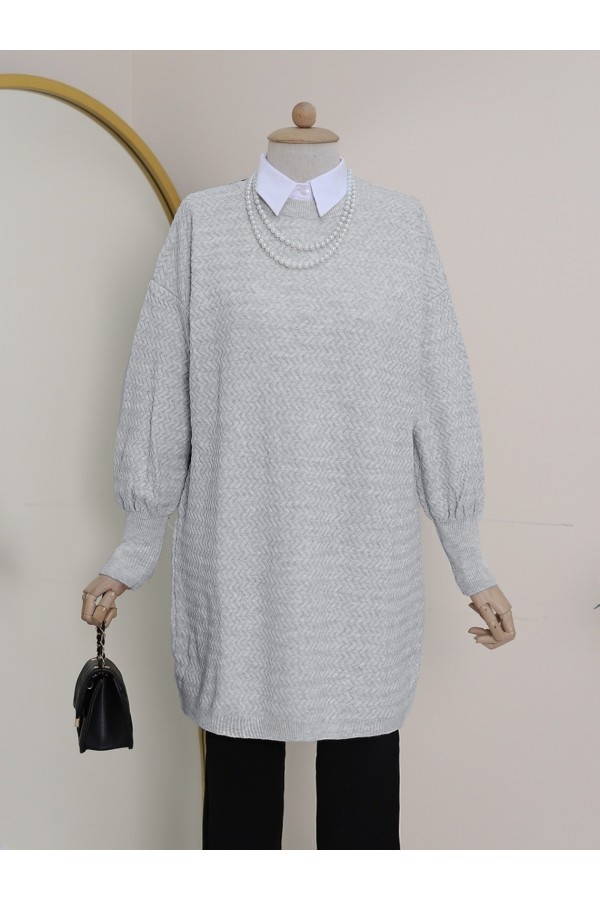 Balon Kol Zikzak Desenli Triko Tunik     -Grey