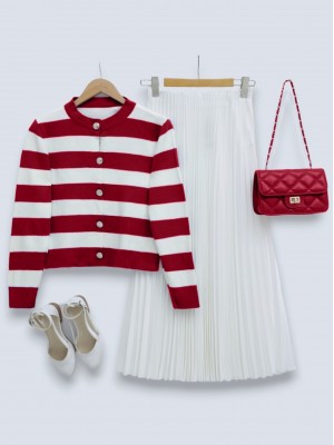 Ringelli Metal Düğmeli Kısa Hırka -Kırmızı