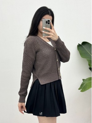 Ajurlu Kemik Düğmeli Yırtmaçlı Hırka -K. Kahve