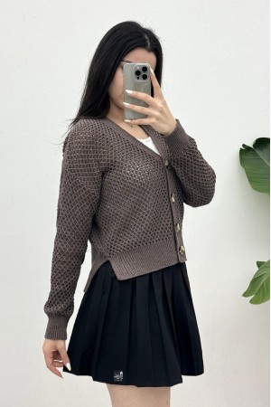 Ajurlu Kemik Düğmeli Yırtmaçlı Hırka -K. Kahve