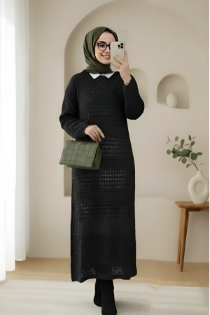 Openwork  Patterned Knit Dress -Black