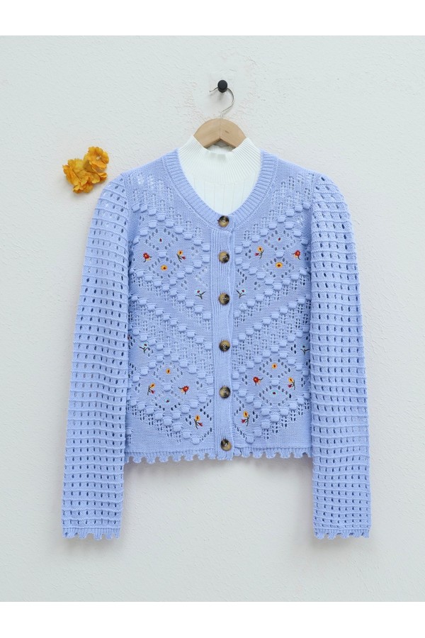 Floral Embroidered Pompom Openwork Knitted Cardigan    -Baby Blue