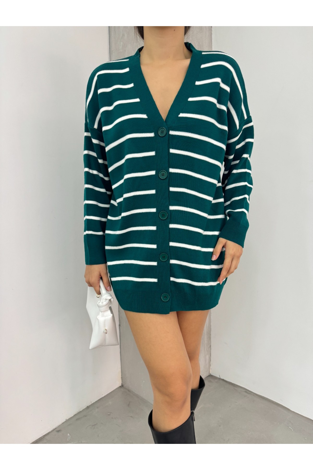Striped Buttoned V  -Emerald