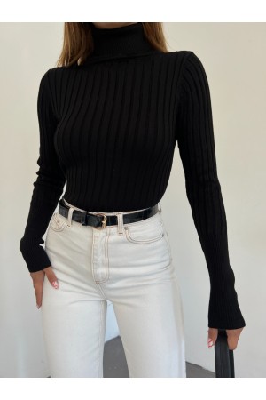 Turtleneck Corduroy Knitwear Sweater -أسود