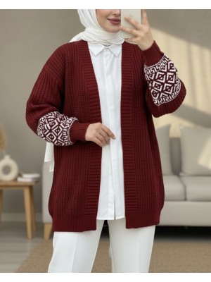 Kolları Desenli Triko Hırka  -Bordo