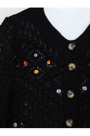 Floral Embroidered Pompom Openwork Knitted Cardigan  -Black