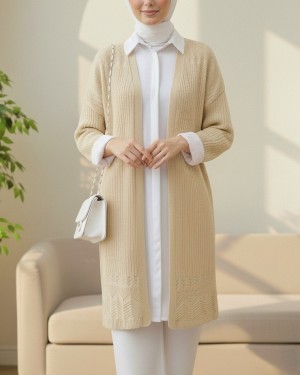 Openwork Cardigan with Patterned Skirt -Mink color