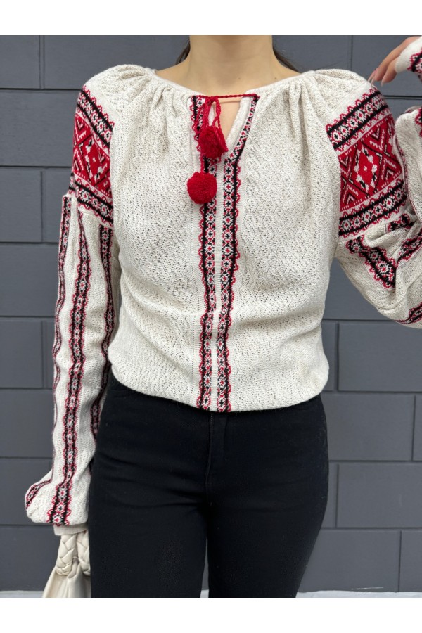 Tie-Neck Patterned Knitwear Sweater -Stone