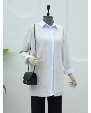 Openwork Cardigan with Patterned Skirt -Stone