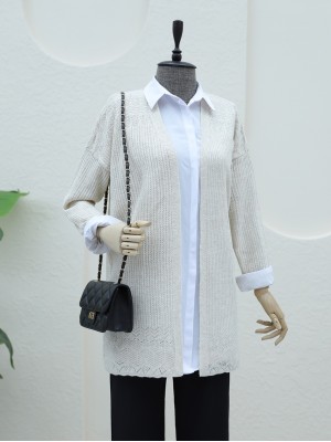 Openwork Cardigan with Patterned Skirt -Stone