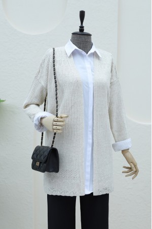 Eteği Desenli Ajurlu Hırka -Taş