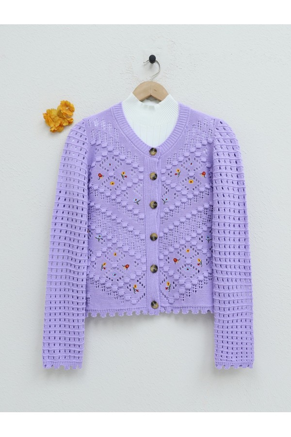 Floral Embroidered Pompom Openwork Knitted Cardigan -Lilac