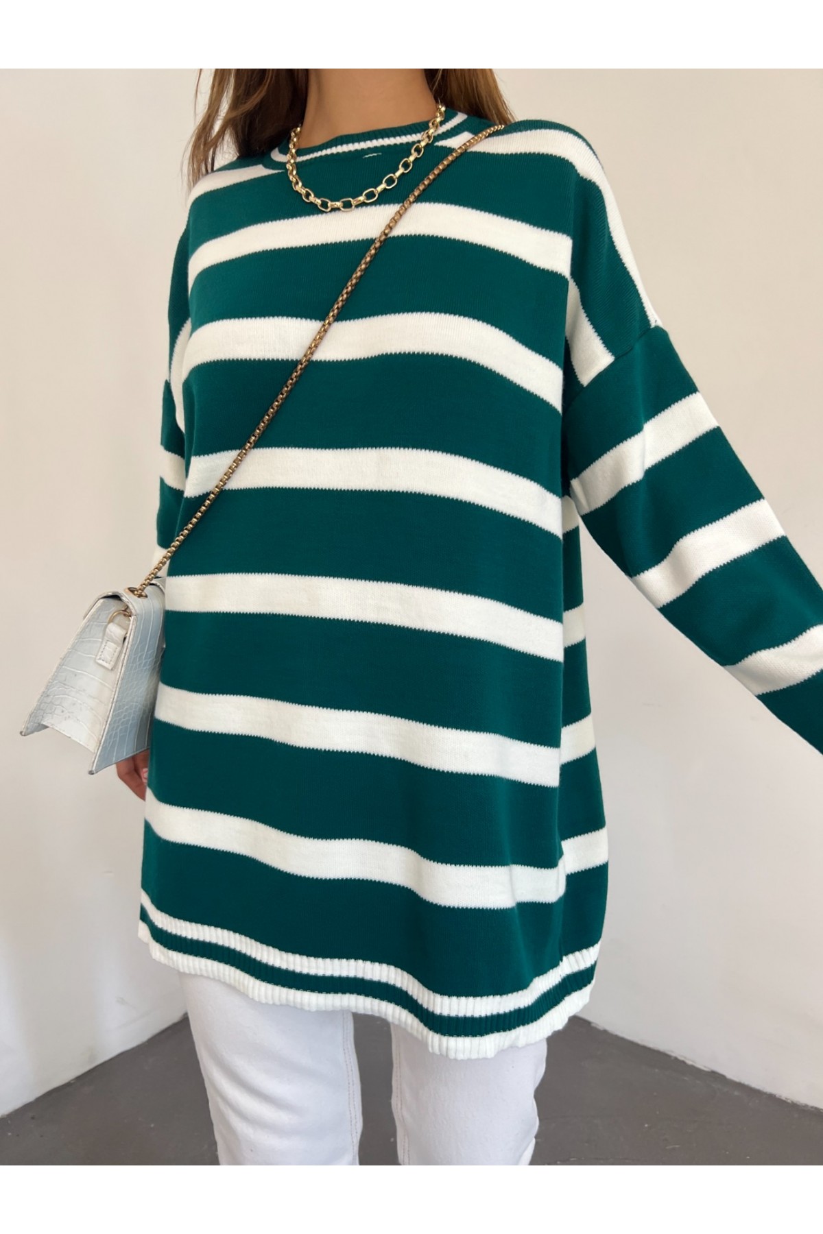 Striped Winter Hijab Knitwear Tunic   -Dark green