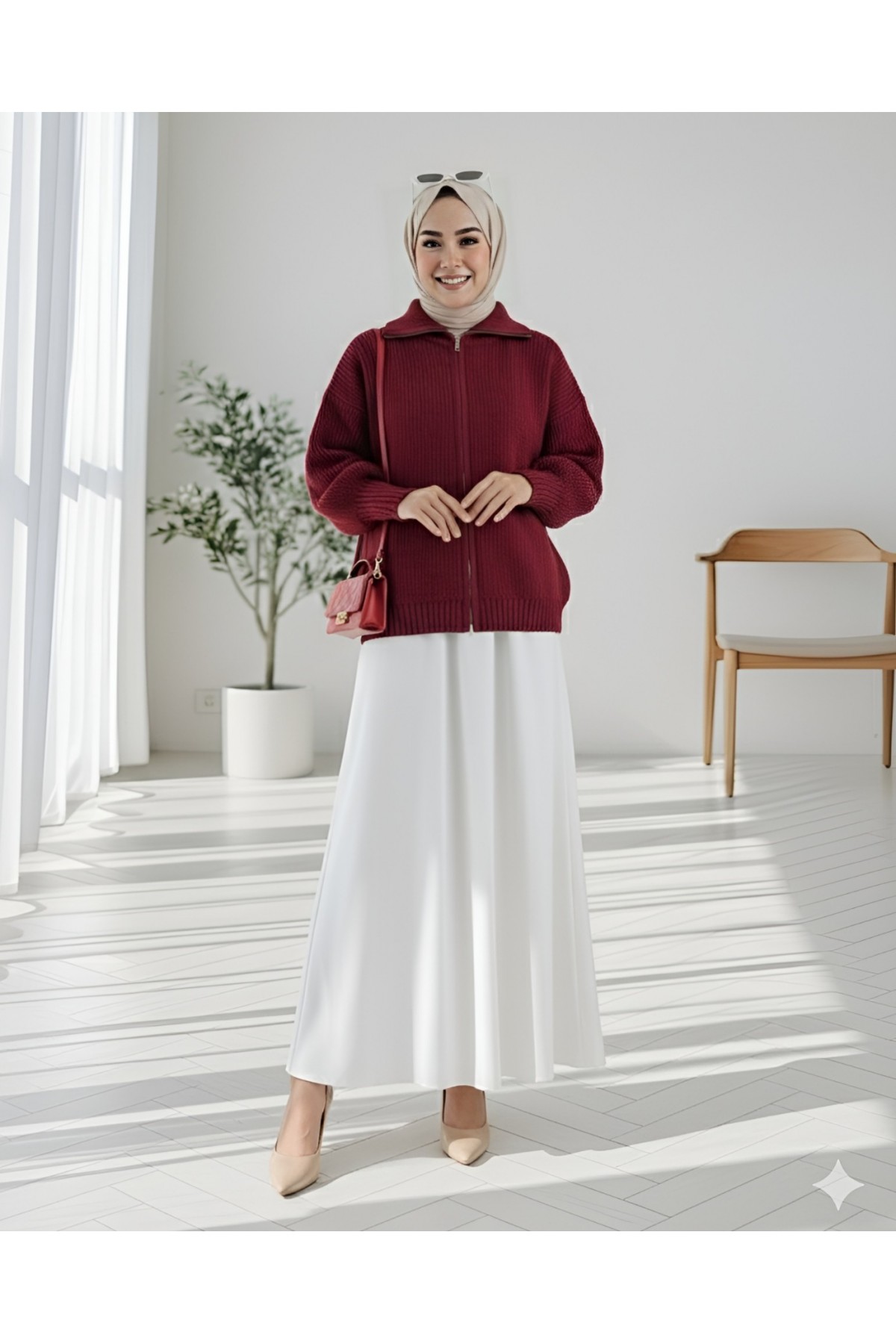 Half-Necked Zippered Knitwear Cardigan -Maroon