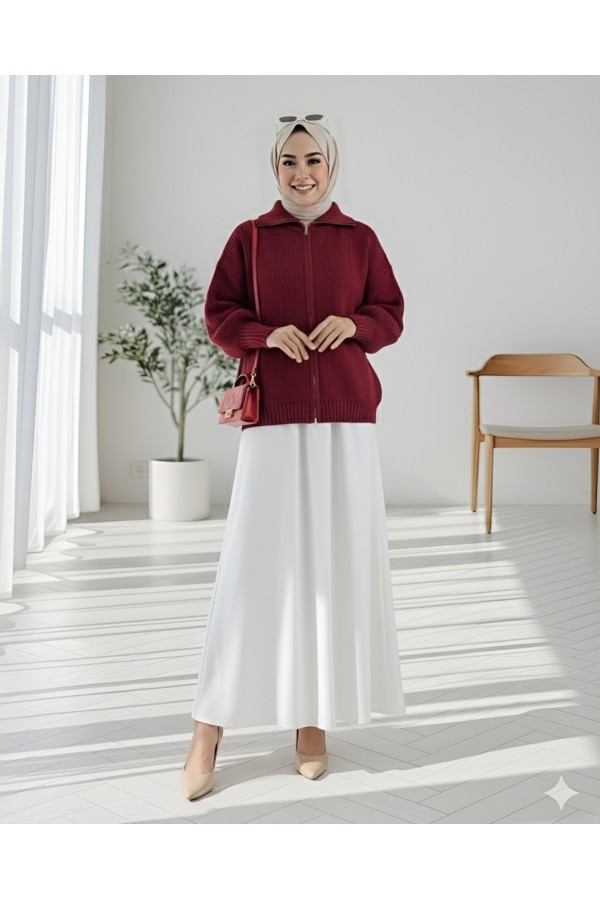 Half-Necked Zippered Knitwear Cardigan -Maroon