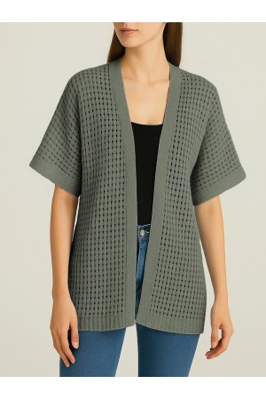 Yarasa Yarım Kol Ajurlu Triko Hırka -Haki