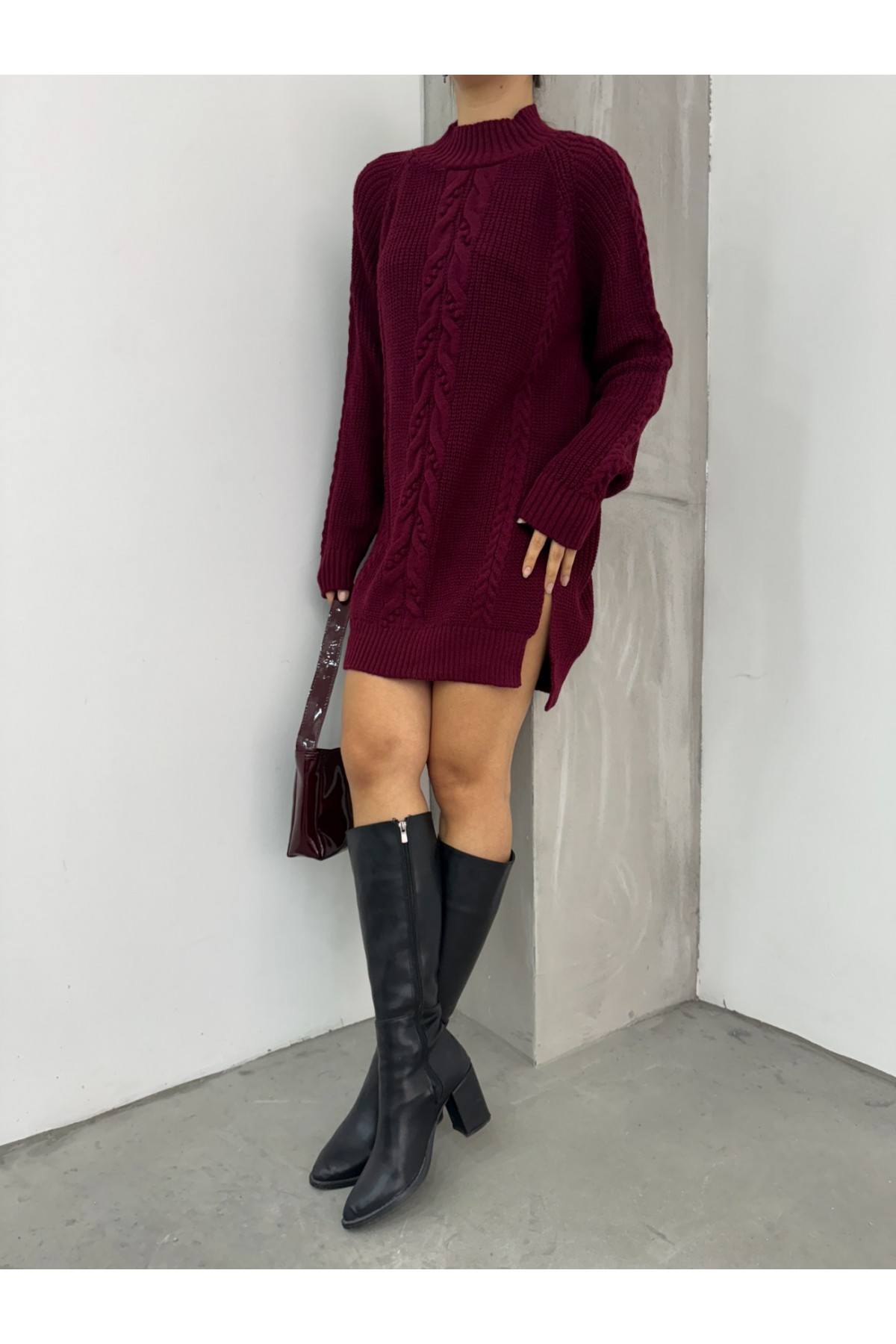 Saç Örgülü Ponponlu Triko Tunik -Bordo