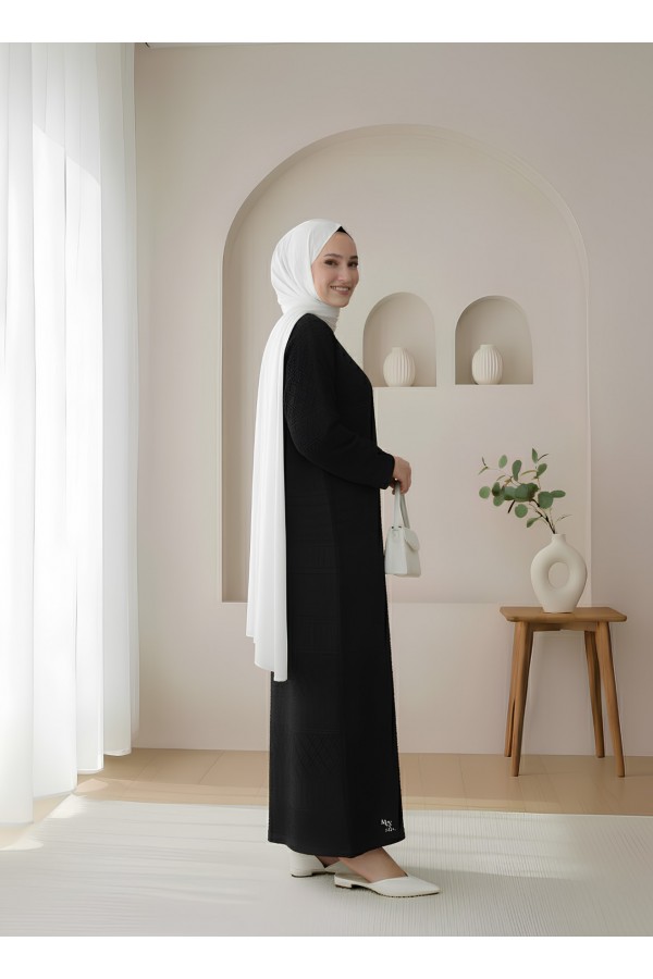 Ajurlu Desenli Triko Elbise -Siyah