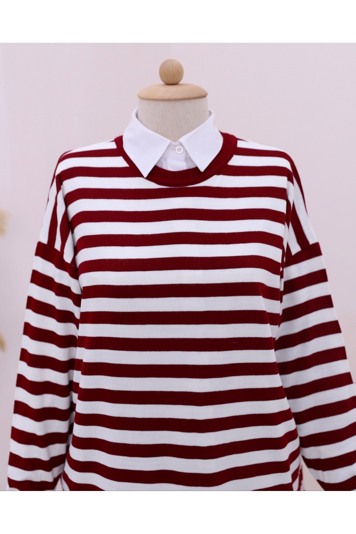 Yuvarlak Yaka Tesettür Salaş Triko Tunik -Bordo