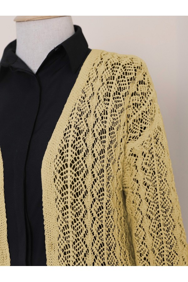Half Sleeve Openwork Short Cardigan    -Yellow