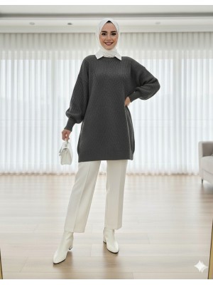 Bisiklet Yaka Baklava Desen Triko Kazak           -Füme