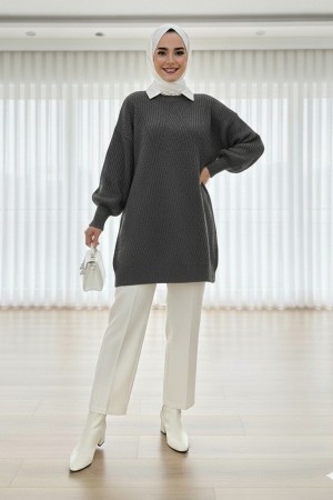 Bisiklet Yaka Baklava Desen Triko Kazak           -Füme