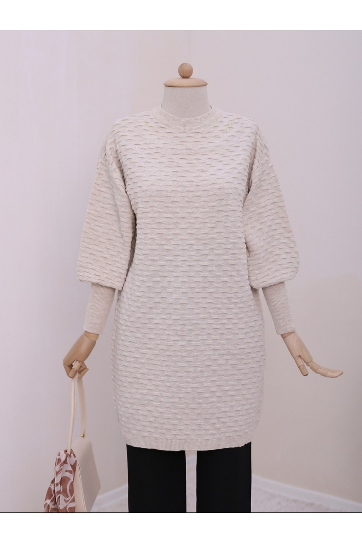 Kabartma Desen Triko Tunik   -Taş