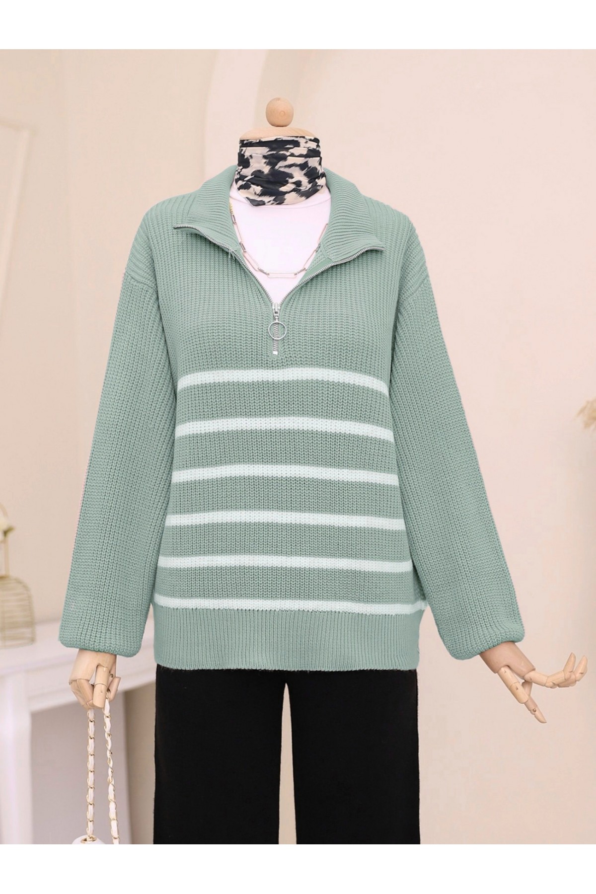 Yarım Fermuarlı Yan Çizgili Triko Kazak  -Su Yeşili