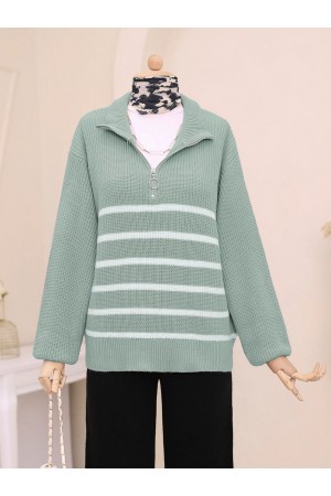 سترة تريكو مخططة من الجانب بسحاب نصف  -بحري