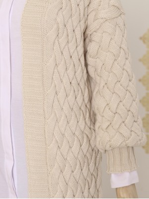 Saç Örgü Desen Uzun Hırka -Taş