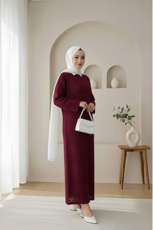 Openwork  Patterned Knit Dress -Maroon