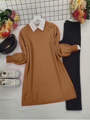 Balon Kol Zikzak Desenli Triko Tunik  -Taba