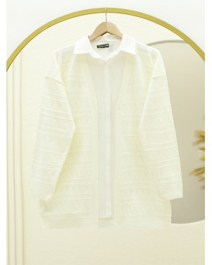 Mixed Patterned Openwork Knitwear Cardigan -Ecru