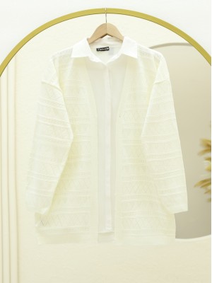 Karışık Desenli Ajurlu Triko Hırka  -Ekru