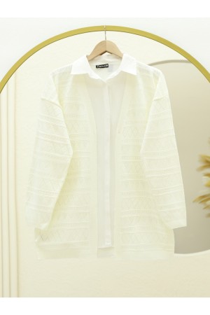 Karışık Desenli Ajurlu Triko Hırka  -Ekru