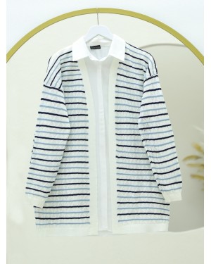 Colorful Striped Mesh Knitted Cardigan -White