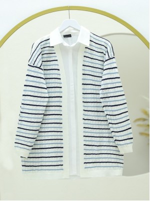 Renkli Çizgili Fileli Triko Hırka -Beyaz