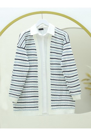 Renkli Çizgili Fileli Triko Hırka -Beyaz