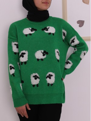Hayvan Figürlü Jakarlı Triko Kazak -Yeşil