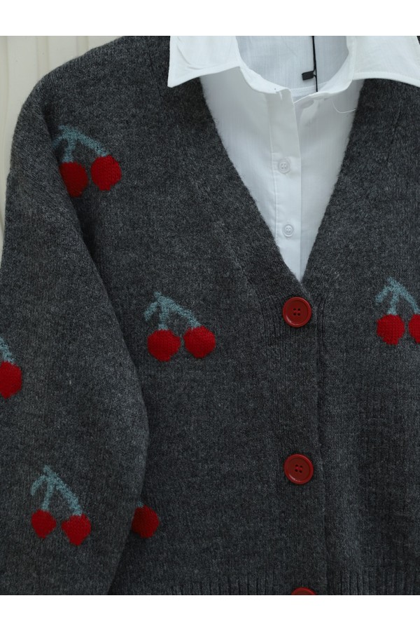 Cherry Patterned Short Cardigan   -Smoked 