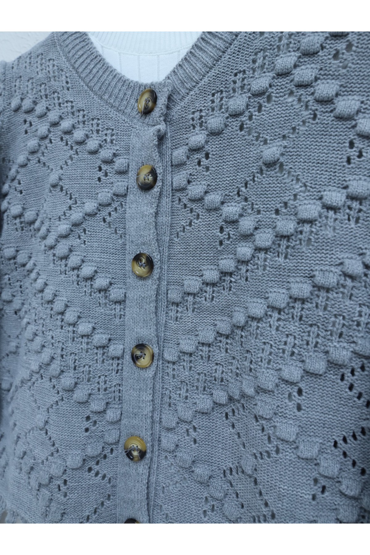 Openwork Embossed Bone Buttoned Knitted Cardigan -Grey