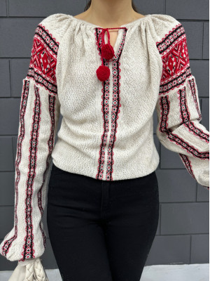 Yakası Bağlamalı Desenli Triko Kazak -Taş